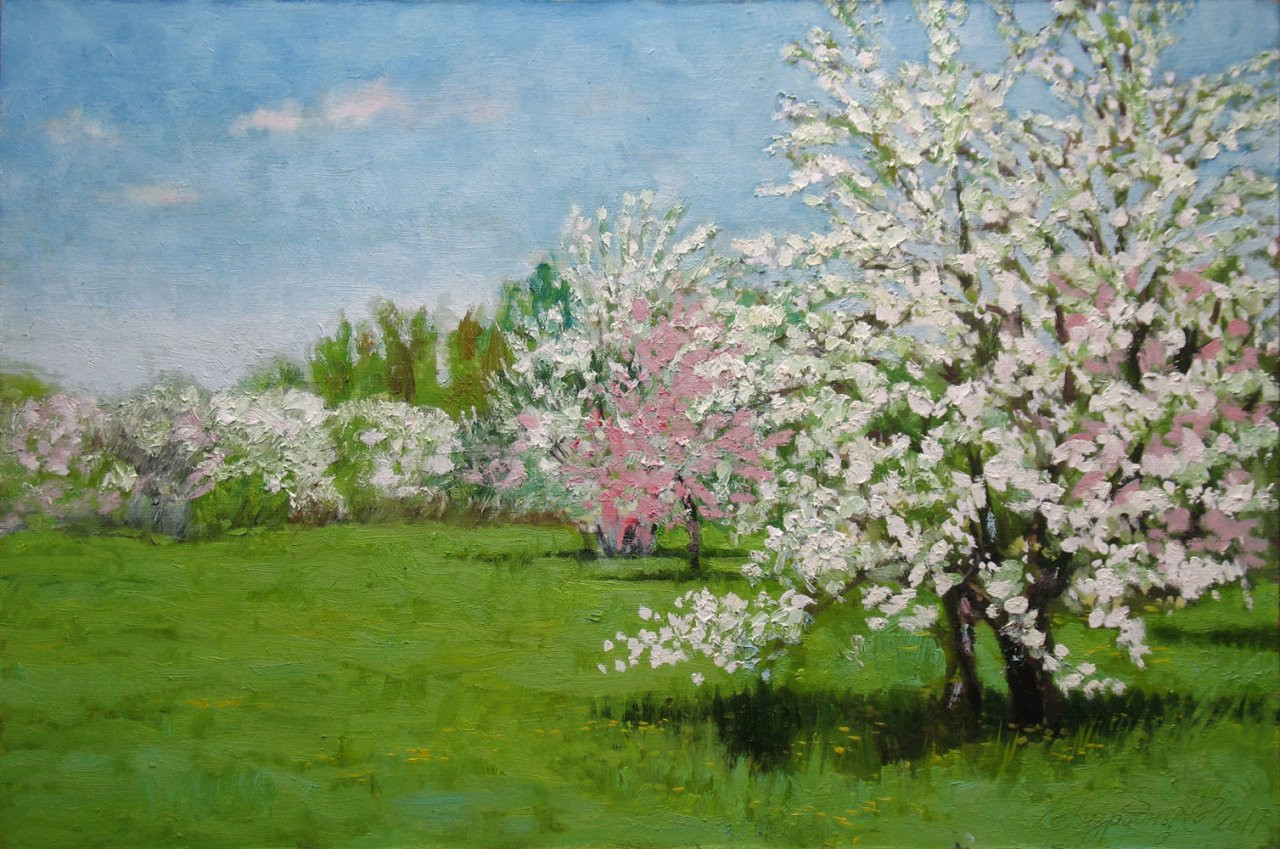 Музыка цветущего сада. Картина Яблоневый сад Герасимов. Левитан цветущие яблони 1896.